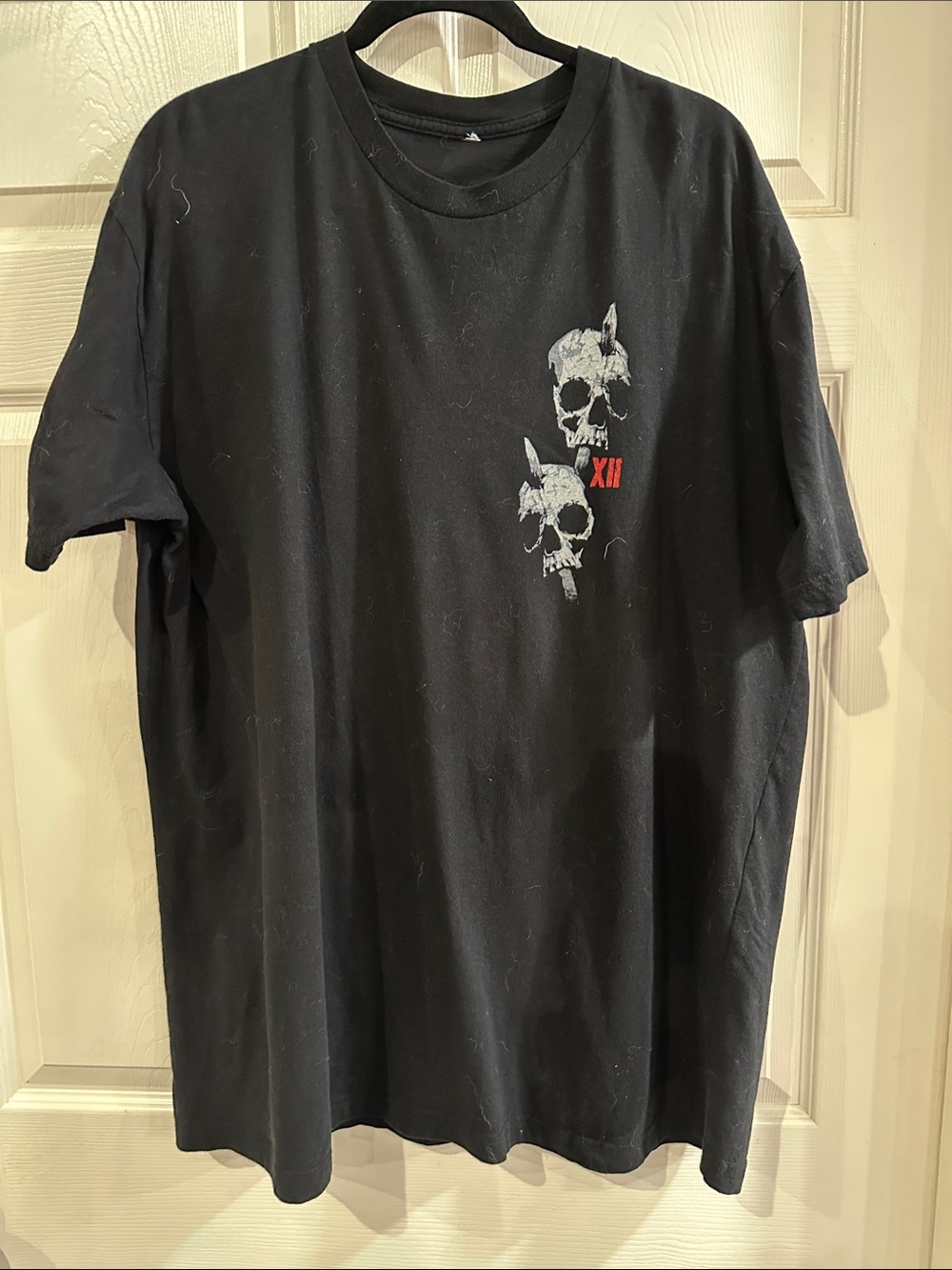 Hanes Black Short-Sleeve Tee with Distressed Skull Graphic and Red XII